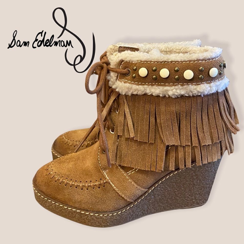 SAM EDELMAN Kemper Fringe Wedge Booties 5.5 6